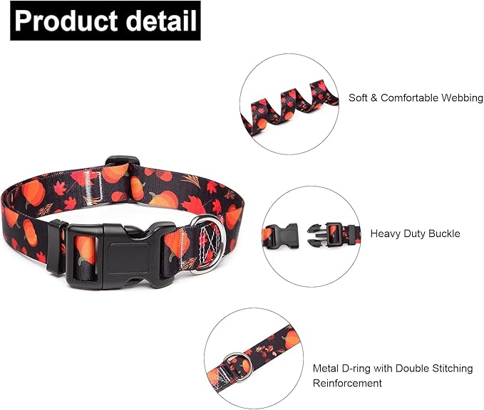 Adjustable Dog Collar with Patterns, Ultra Comfy Soft Nylon Breathable Pet Collar for Small Medium Large Dogs (M, Pumpkin)