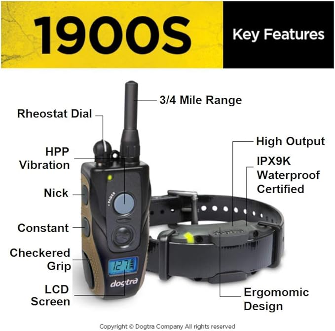Dogtra 1900S Rechargeable Dog Training Collar - 3/4 Mile Range - Waterproof - Adjustable Levels for Dogs