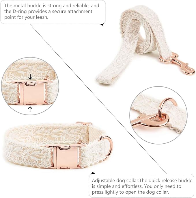 Lace Dog Collar Set Soft and Easy to Clean Handmade Embroidered Dog Collar with Leash for Medium Dogs Cute Dog Flower Girl Wedding Collar with Bow for Small Medium Large Dogs (White,M)