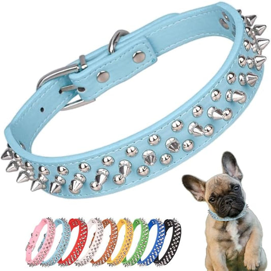 Spiked Dog Collar, Mushrooms Rivet Spike Anti-Bite Studded Protective Pet Neck Pu Leather Puppy Collars for XXS XS Small Medium Large Boy Dogs Male Cats Goat, Light-Blue XSmall