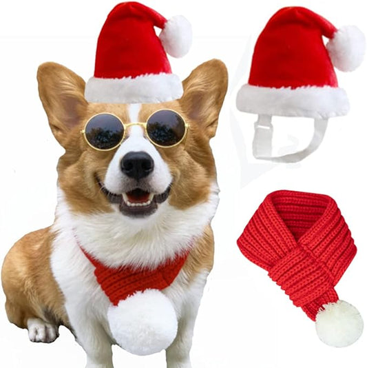 ANIAC Cat Santa Hat with Scarf Dog Xmas Cap Puppy Christmas Costume Pet Warm Headgear Doggy Neck Accessories for Cats and Small Dogs(Small)
