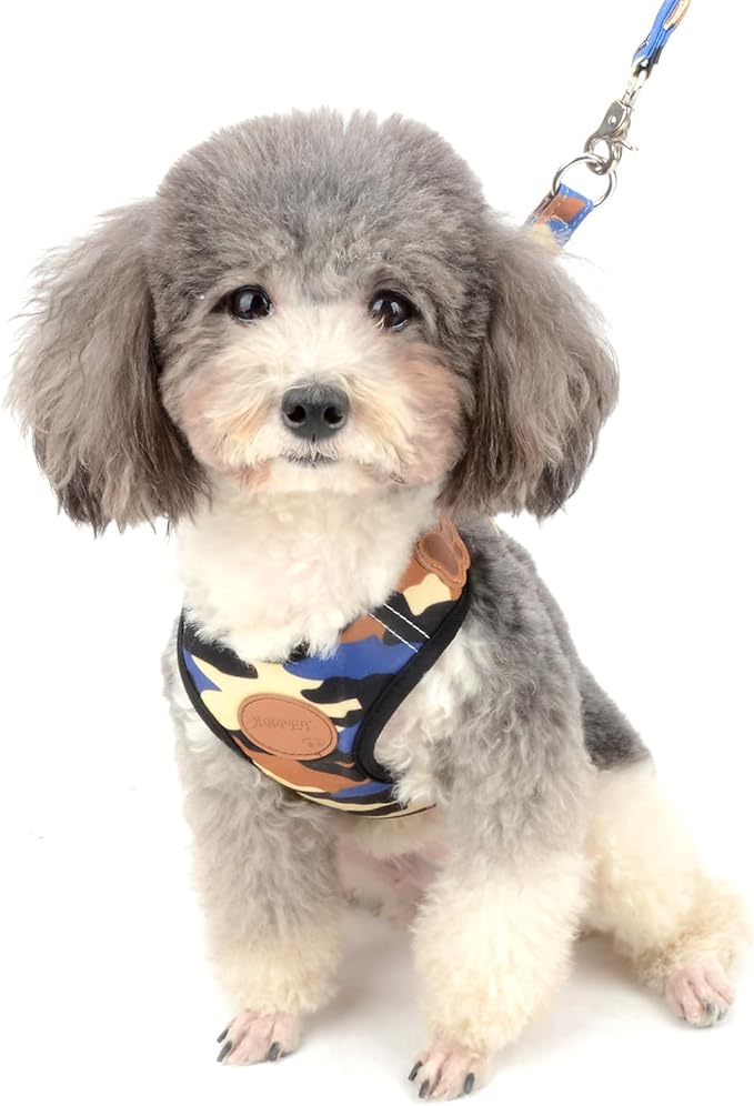 SMALLLEE_LUCKY_STORE Small Dog Cat Mesh Harness and Lead no Escape Adjustable Padded Military Camo Blue, S (Chest:9.5"-13.5",Weight 2-6.5lbs)