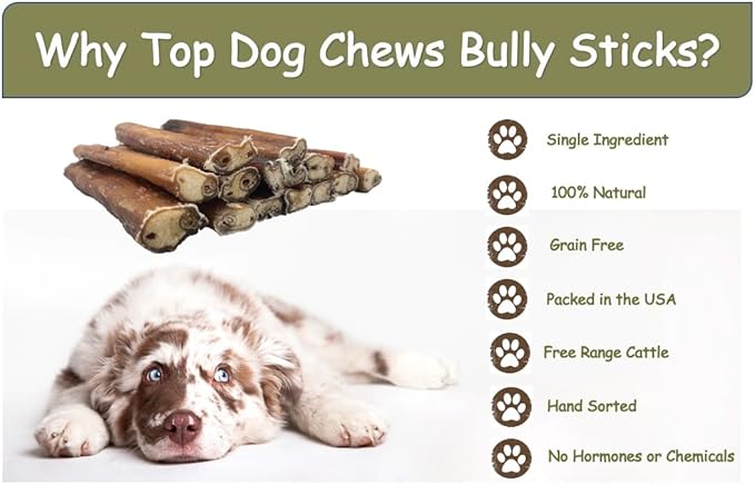 Top Dog Chews 6” Bully Sticks –100% Natural, Grass-Fed Beef from Free-Ranging Cattle, 25 Pack, Long Lasting Dog Treats. Ideal for Chewing, Healthy Teeth & Gums