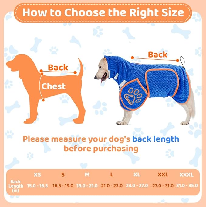 SlowTon Dog Bathrobe Towel - Super Absorbent Microfiber Pet Quick Drying Towel, Wearable Soft Bath Robes for After Bath Shower Swim Wet Walk, Adjustable for Small Middle Large Dogs (Blue, XS)