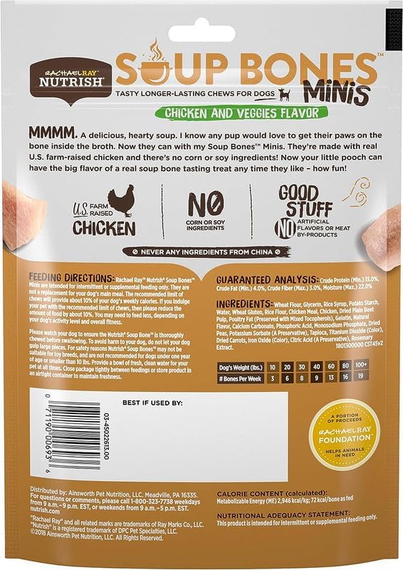 Variety Rachael Ray Nutrish Soup Bones Minis Dog Treats For Smaller Dogs Real Beef & Barley and Real Chicken & Veggies - Each Pack 4.2 oz/ 6 Chew Treats (Minis) by Rachael Ray
