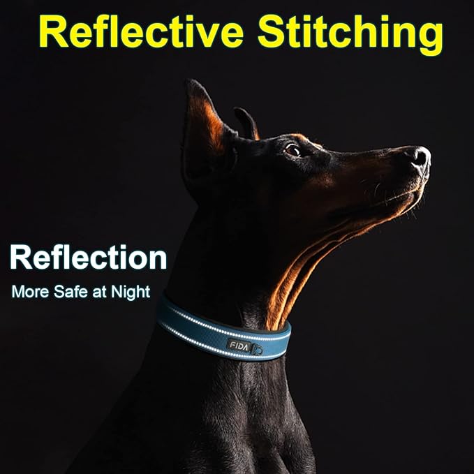 Fida Heavy Duty Dog Collar 1.5” Width, Ultra Soft Neoprene Padded, Adjustable Reflective Nylon Pet Collar with Two Metal Pin Belt Buckle for Extra-Large Breeds (XL, Blue)