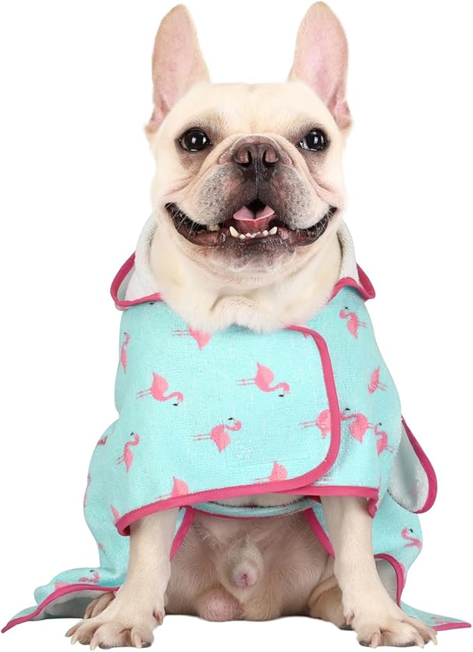 HDE Dog Bathrobe Super Absorbent Quick Drying Towel with Hood for All Dog Breeds Sizes S-XXL - Flamingos - M