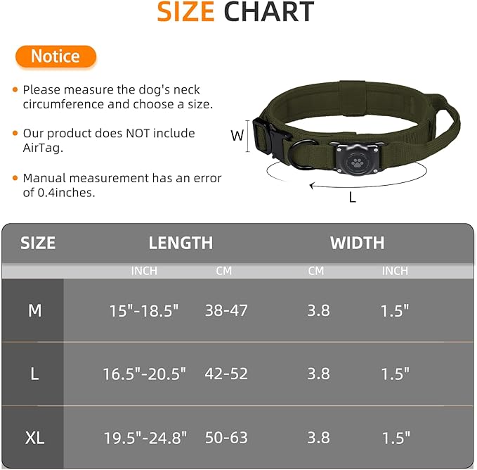 Tactical AirTag Dog Collar, 100% Waterproof Integrated Apple Air Tag Dog Collars with Hard PC AirTag Holder, Adjustable Military Collar with Handle, GPS Dog Collar for Medium Large Dogs