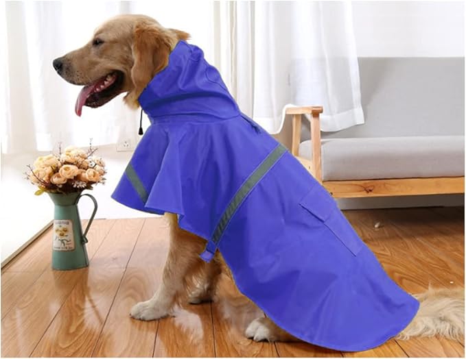 Large Dog Raincoat Adjustable Pet Waterproof Clothes Lightweight Rain Jacket Poncho Hoodies with Strip Reflective(Dark Blue,L)