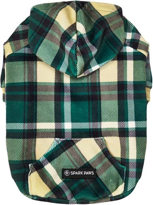 Spark Paws Dog Hoodie - Premium Quality, Buttery Soft, Superior Comfort and Fit, Calming Fleece Interior, Suitable for All Breeds - Green Plaid - M