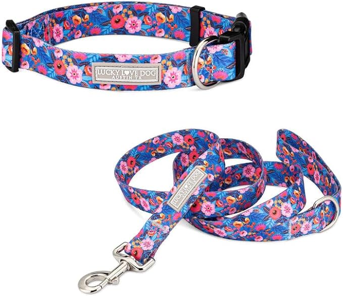Lucky Love Dog - Adjustable Dog Collar and Leash Set with Easy Click Buckle for Small to Large Dogs, Durable, & Comfortable Collar for Male & Female Dogs, Puppies & Adult Dogs - Zuzu Combo, Medium