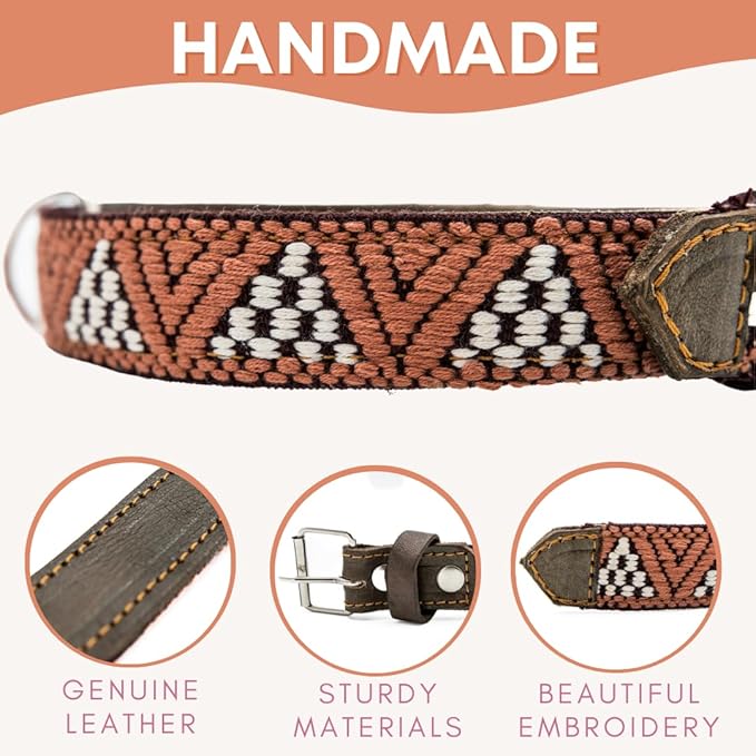 Western Dog Collar - Leather Embroidered Design for Small Medium Large Dogs & Puppy Pets - Aztec Southwest for Boy Girl Female & Male Dogs - Collar para Perros Beaded (Large, Brown Rust)