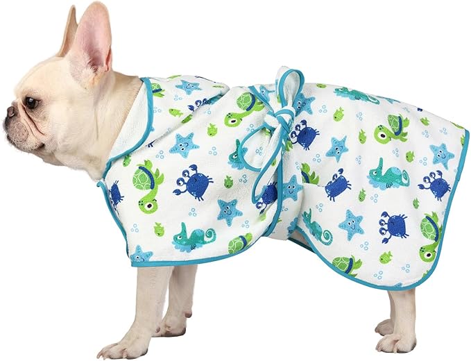 HDE Dog Bathrobe Super Absorbent Quick Drying Towel with Hood for All Dog Breeds Sizes S-XXL - Sea Animals - S