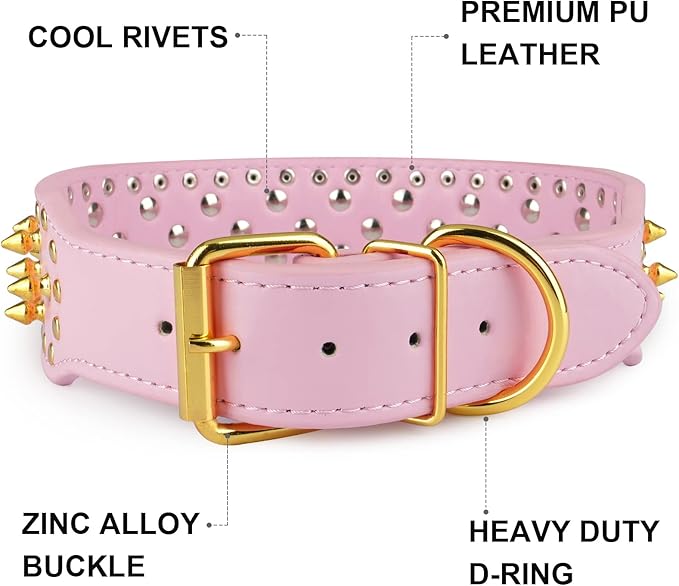 Wide Gold Spiked Dog Collar, Epesiri Dog Chain Collars, Mushroom Rivet PU Leather Dog Collars, Adjustable Durable Spike Studded Pet Collar for Pitbull Mastiff Bulldog Pugs Husky Rottweiler