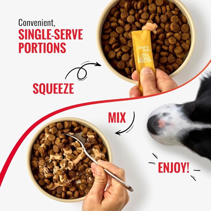 Good 'n' Tasty Triple Flavor Puree Mix-Ins Dog Food Topper Treats for All Dogs, 28 Count, Easy Single-Serve Portions, Added Protein with Chicken, Salmon and Duck