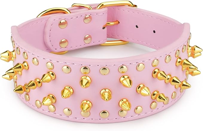 Wide Gold Spiked Dog Collar, Epesiri Dog Chain Collars, Mushroom Rivet PU Leather Dog Collars, Adjustable Durable Spike Studded Pet Collar for Pitbull Mastiff Bulldog Pugs Husky Rottweiler