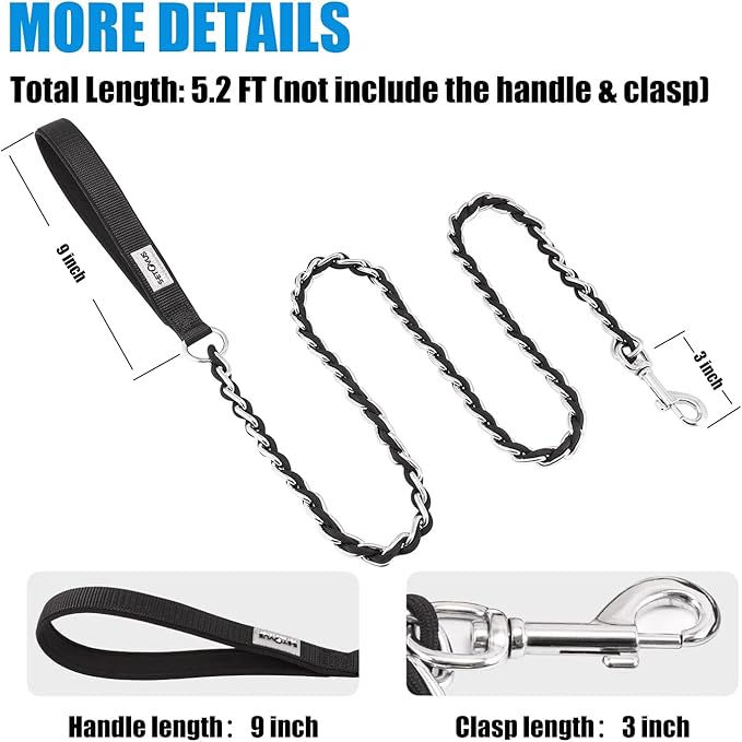 Dog Leash Chew Proof, Chain Leash Anti Chew Dog Leash for Large Dogs Heavy Duty, Indestructible Metal Leash Anti Bite Chain Link with Woven Cord Soft Padded Handle (Black, 4FT)
