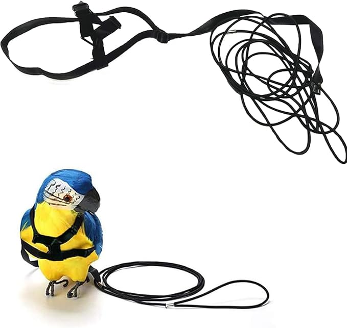ASOCEA Adjustable Birds Harness and Leash Parrot Harness Leash Anti-Bite Bird Nylon Rope Outdoor Flying Training Rope for Small Birds Weighing 110-190 Grams (Black)