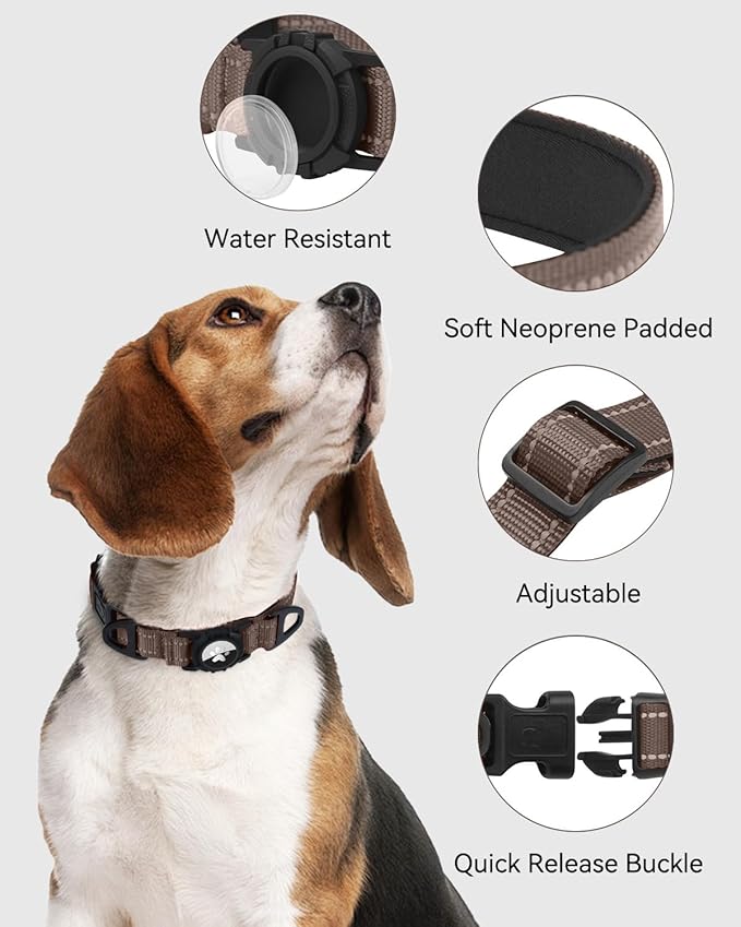 Joytale Airtag Dog Collar, Dual D-Rings, Reflective Pet Collar with Waterproof AirTag Holder, Soft Padded Adjustable for Small Dogs, Brown, S