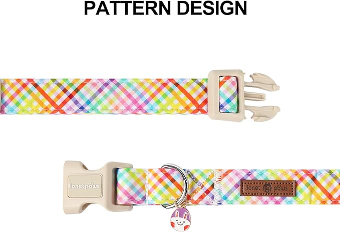 Lionet Paws Easter Dog Collar, Comfortable Adjustable Colorful Plaid Collar with Purple Rabbit for Medium Male Female Dogs Collars, Neck 13.5-22 inches