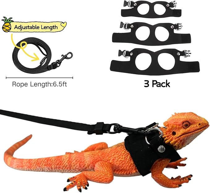 Bearded Dragon Harness and Leash Set, Adjustable Harness Soft Leather-3 Sizes (S, M, L) with Leash, Lizard Reptile Traction Rope Walking Vest Accessories for Bearded Dragon, Iguana or Gecko (Black)