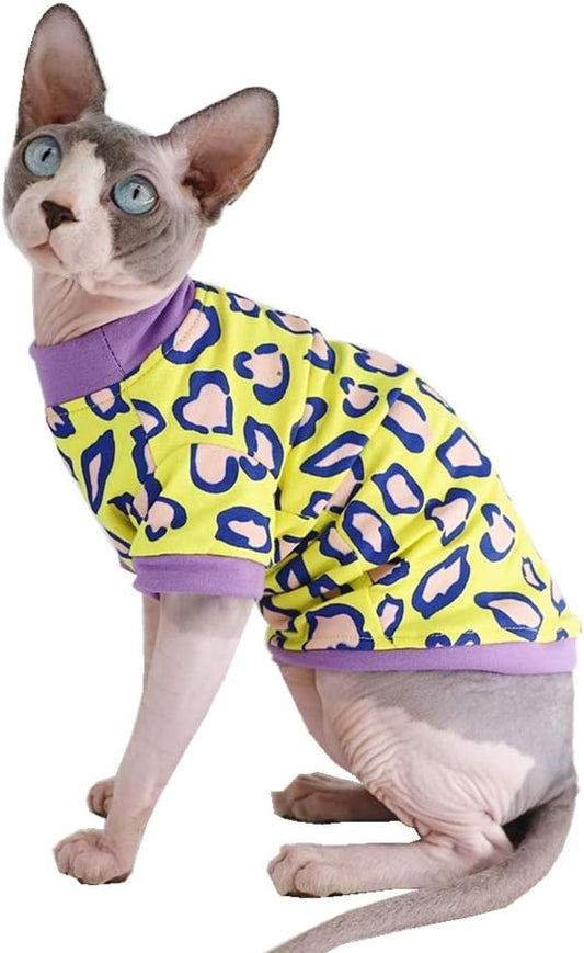 Sphynx Hairless Cat Cute Summer Cotton T-Shirts Pet Clothes,Round Collar Kitten Shirts Cats Apparel (Leopard, Medium (Pack of 1))