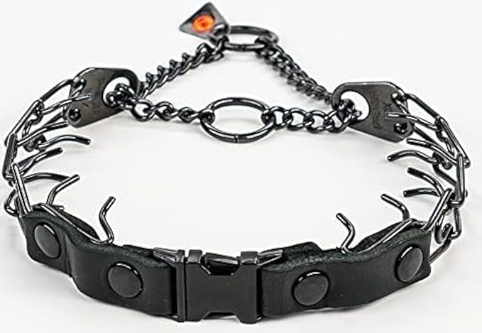 Herm Sprenger Quick Release Dog Training Collar Black Stainless Steel No Pull Collar Easy Leather Buckle Release Unique Tactical Look for Small Dogs (12-19" Neck 2.25mm Links)