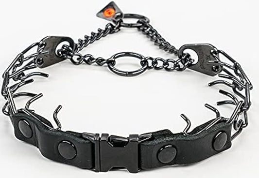 Herm Sprenger Quick Release Dog Training Collar Black Stainless Steel No Pull Collar Easy Leather Buckle Release Unique Tactical Look for Small Dogs (12-19" Neck 2.25mm Links)