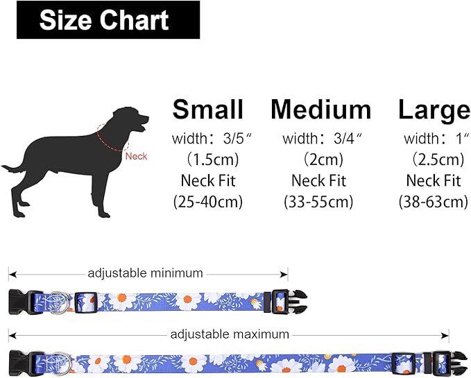 Adjustable Dog Collar with Patterns, Ultra Comfy Soft Nylon Breathable Pet Collar for Small Medium Large Dogs (L, Daisy)