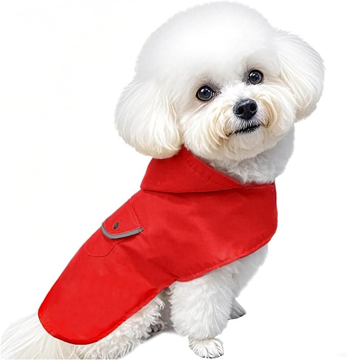 Small Dog Raincoat Dogs Rain Jacket Reflective Lined Breathable Poncho Rainwear Waterproof Pet Clothes Pocket Hooded Leash Hole Adjustable for Puppy,Red,S,Back Length 8.3 Inch