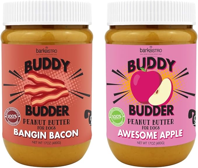 BUDDY BUDDER Awesome Apple + Banging Bacon, 100% Natural Dog Peanut Butter, Healthy Dog Treats - Made in USA (17oz Jars)