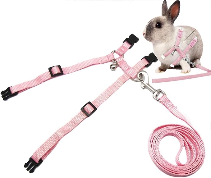 Hypeety Rabbit Bunny Harness with Leash Adjustable Soft Nylon Harness Rabbit Vest Lead Pink Blue Lead Leash All Season for Small Animals (Pink)