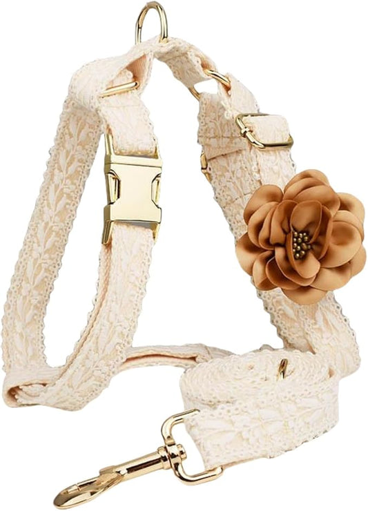 Dog Harness and Leash Set Metal Clasp Adjustable Cotton Embroidered No Pull for Dog Wedding Birthday Outfit,M