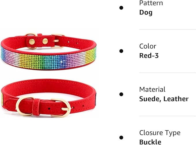 Rhinestone Dog Collar, Cute Dazzling Sparkling Soft Suede Leather Dog Cat Rhinestone Collar Crystal Diamond Pet Dog Puppy Collar (XXS, Red-3)