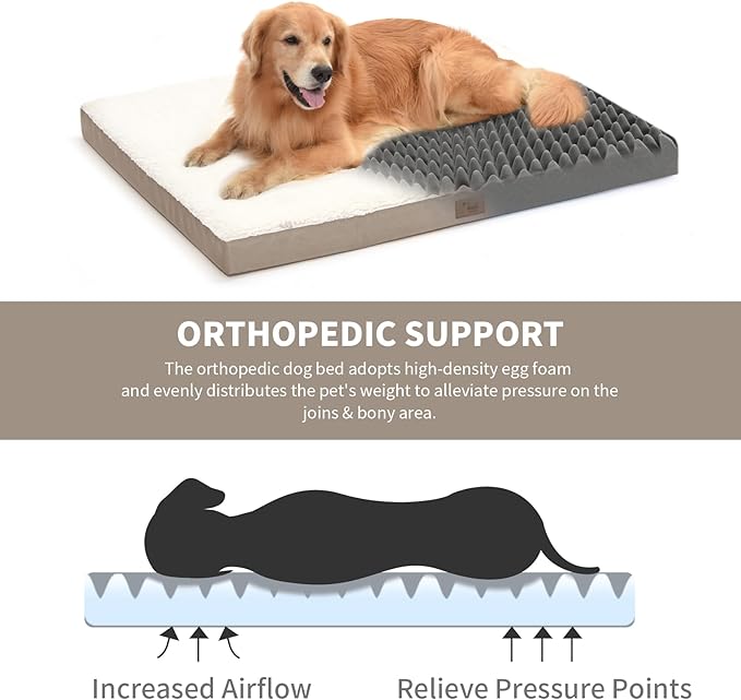 Orthopedic Dog Bed for Extra Large Dogs, XL Waterproof, Egg Crate Foam with Removable Washable Oxford Cooling Cover, Khaki White