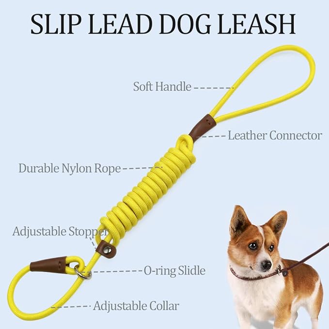 MayPaw Slip Lead Control Leash for Dogs No Pull, 13+ Colors Classic Dog 7 FT Pet Slip Leash, 1/4” Rope Lead for Small Medium Animals (7ft*1/4", Yellow)