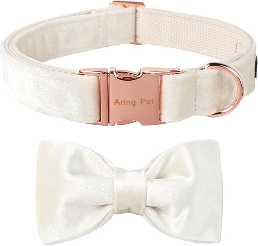 ARING PET Bowtie Dog Collar-Velvet Dog Collars with Detachable Bowtie, White Wedding Soft Dog Collar,Medium.
