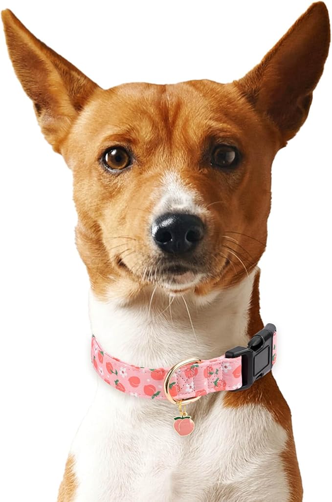 Cotton Dog Collar,Soft and Cute Puppy Collars with Peach Patterned Design for Girl Female Boy Dogs,Adjustable Buckle Pet Collar for Small Medium Large Dogs (Pink Peach, S)