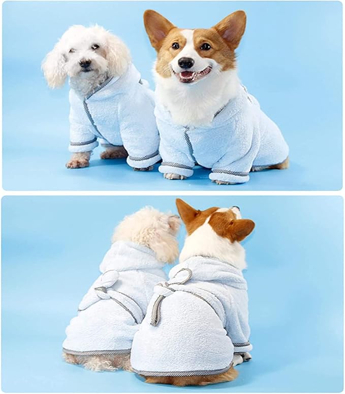 Dog Bathrobe, Microfiber Fast Drying Absorbent Hooded Bath Towel White for Puppy Small Medium Large Dog Cat (L, LightCyan)