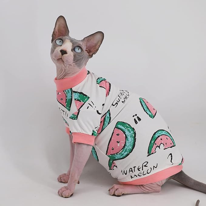 Sphynx Hairless Cat Cute Summer Cotton T-Shirts Pet Clothes,Round Collar Kitten Shirts Cats Apparel (Pink Watermelon, Small (Pack of 1))
