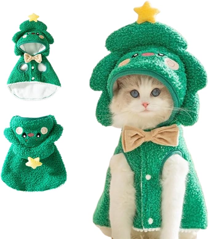 ANIAC Dog Christmas Cape Coat with D-Ring Cat Santa Costume with Xmas Tree Hat Newyear Dogs Outfit Warm Puppy Clothes for Small Dog Pet Christmas Cloak for Cat (Green, X-Large)