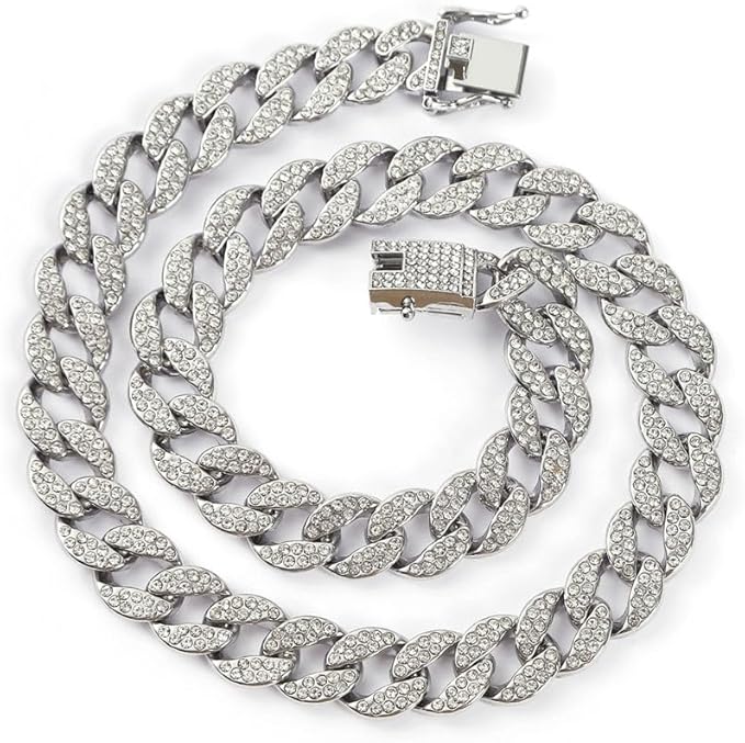 Sliver Dog Necklace, Glitter Rhinestone Sparkly Bling Diamond Metal Cuban Link Dog Chain for Small Medium Large Pet Dogs, 16 inch