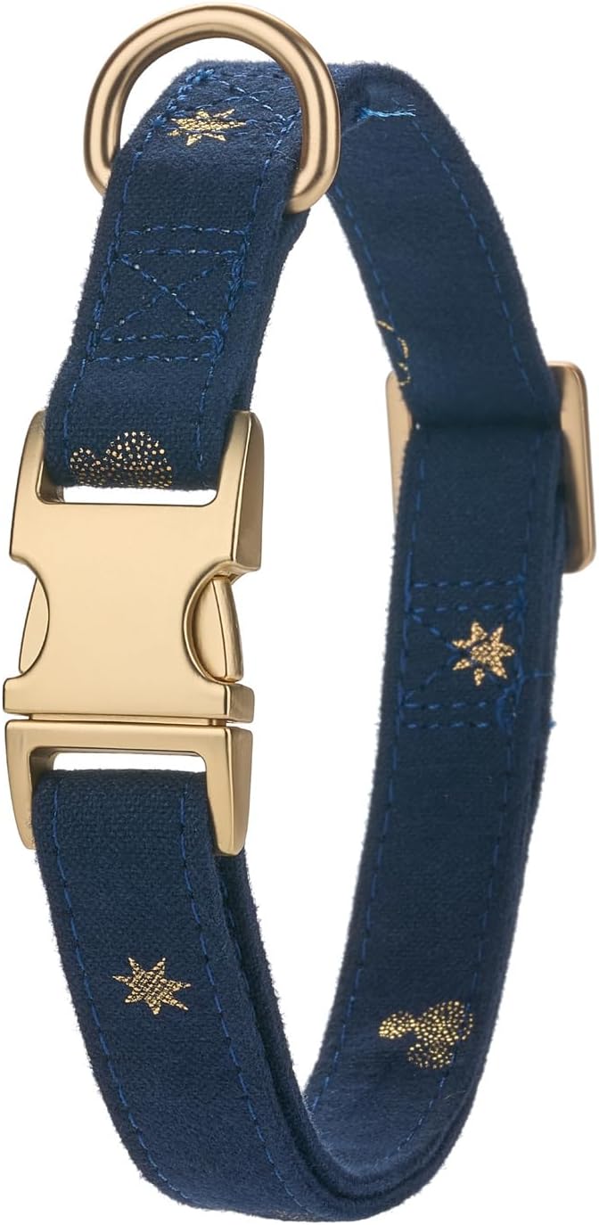 Cotton Dog Collar with Metal Buckle Adjustable Soft Dog Collars with Gold Star for Small Medium Large Dogs,Dark Blue,Medium