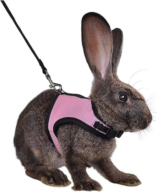 MANON ROSA Rabbit Harness and Leash Set - Adjustable Escape-Proof Training and Walking Gear for Guinea Pigs Bunnies Chinchillas Hamsters Ferrets Rats Kittens and Small Dogs Puppies Cats (Pink,L)