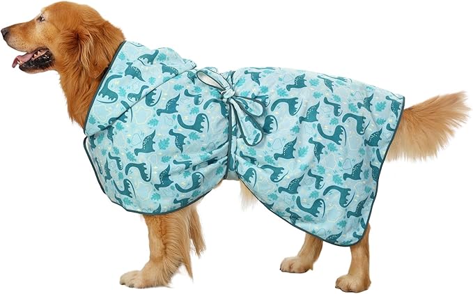 HDE Dog Bathrobe Super Absorbent Quick Drying Towel with Hood for All Dog Breeds Sizes S-XXL - Dinosaurs - XL