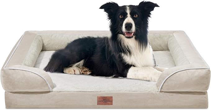 Comfort Expression Waterproof Dog Beds for Large Breed Dogs, Large Dog Beds Orthopedic Foam, Comfy Pet Bed Sofa with Washable Removable Cover & Non-Slip Bottom(Beige)
