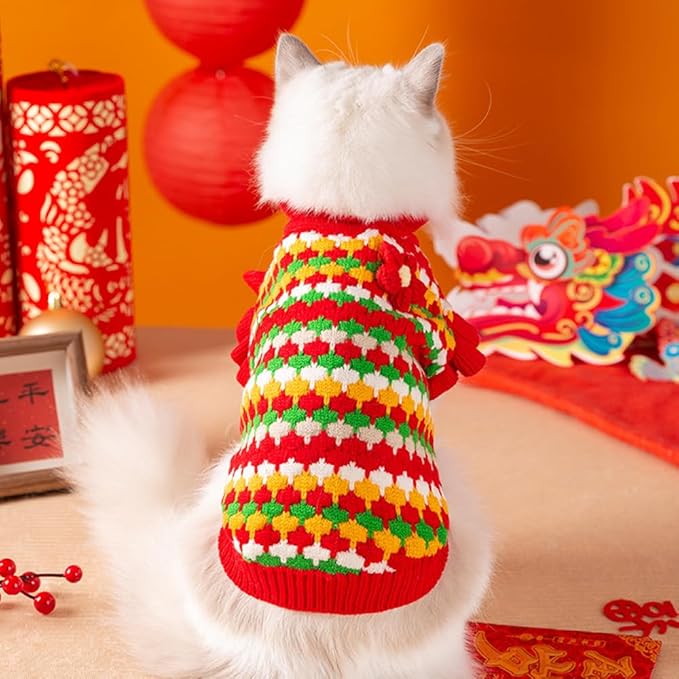 Knitted Tulip Cat Sweater, Warm Thick Holiday Puppy Clothes for Small Dog Girl, Cold Weather Outfit for Kitten Chihuahua Yorkie Teacup Dachshund Pug (Red, Small)