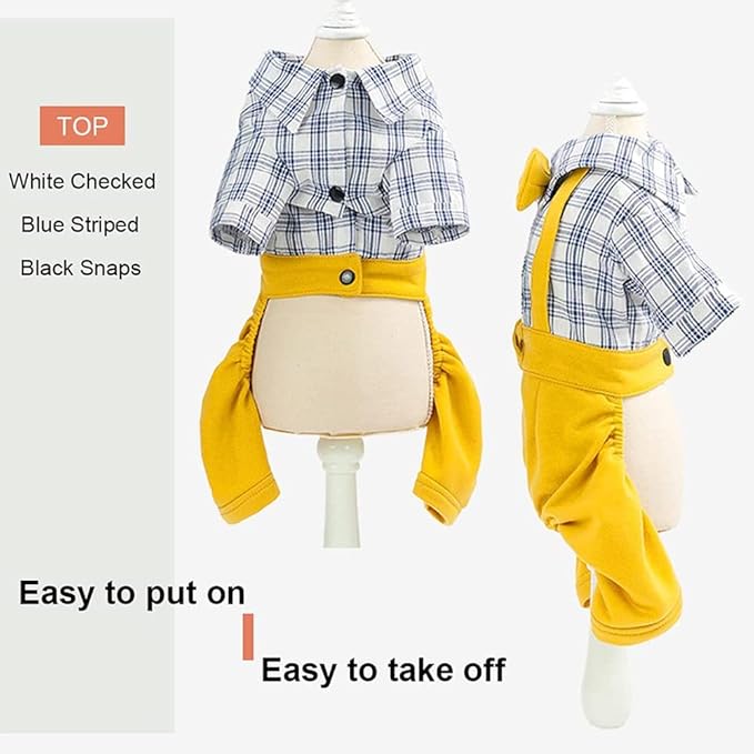 Dog Shirts Clothes Striped Onesies, Pet Plaid Overalls Apparel, Puppy Costumes Classic Black and White Jumpsuit with Bowtie for Small Medium Dogs Cats Boy Girl Wedding/Party (X-Small, Yellow)