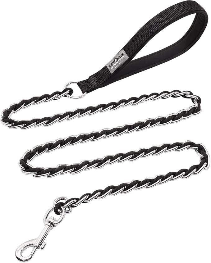 Dog Leash Chew Proof, Chain Leash Anti Chew Dog Leash for Large Dogs Heavy Duty, Indestructible Metal Leash Anti Bite Chain Link with Woven Cord Soft Padded Handle (Black, 4FT)