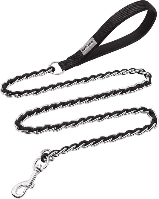 Dog Leash Chew Proof, Chain Leash Anti Chew Dog Leash for Large Dogs Heavy Duty, Indestructible Metal Leash Anti Bite Chain Link with Woven Cord Soft Padded Handle (Black, 4FT)
